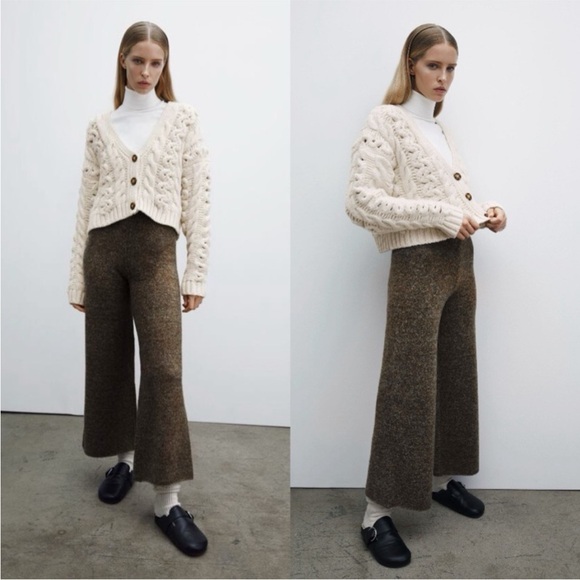 Zara Cable Knit Soft Chunky Cropped Button Front V Neck Cardigan Sweater Ivory - Picture 4 of 14